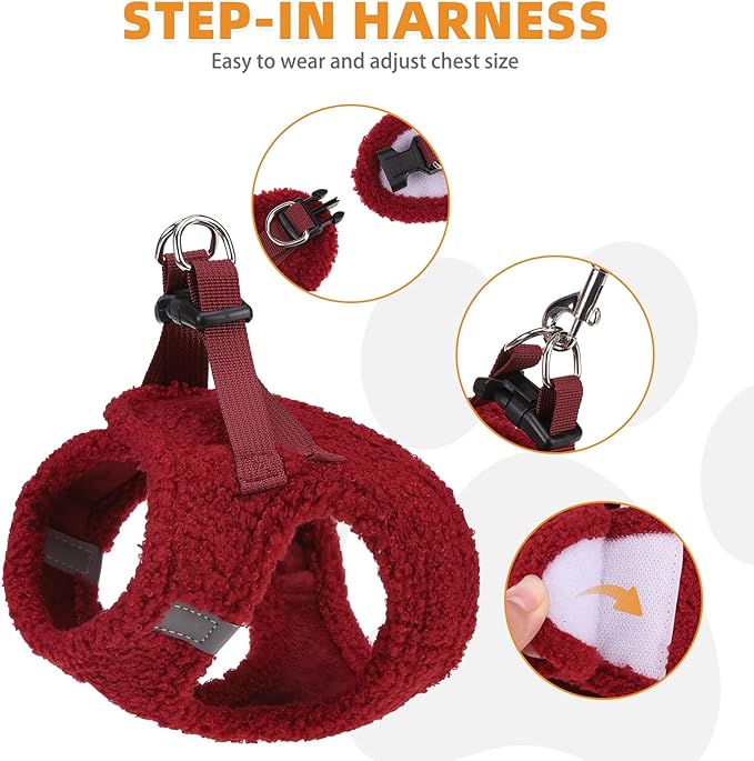 KOOLTAIL Plush Small Dog Harness and Leash Set, Warm Fleece No Pull Puppy Vest for Winter, Lightweight Reflective Step in Pet Harness for Medium Sized Dogs Boy Girl Outdoor Walking, Christmas Red M