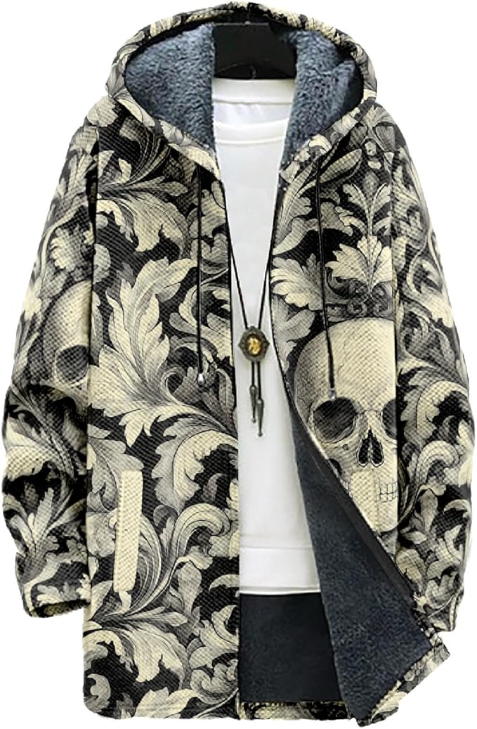 MARSVOVO Cool Hippie Long Cardigan Hoodies for Men Zipper Fleece Lined Knit Coat Skull Animal Print Graphic Jackets