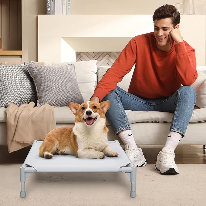 Love&go Elevated Dog Bed with Metal Frame, Cooling Raised Pet Cot for Dog and Cat (Small-18.5x18.5x5.5 inch, S - Grey Bed)