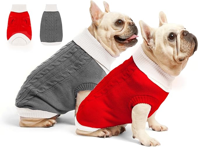 2 Pack Dog Christmas Sweaters for Small Dogs - Puppy Medium Warm Clothes Winter, Turtleneck Pullover Design for Male Boy Girl Pet, Doggie, Cat, Kitten Chihuahua Bulldog (S, Xmas Red, Grey)