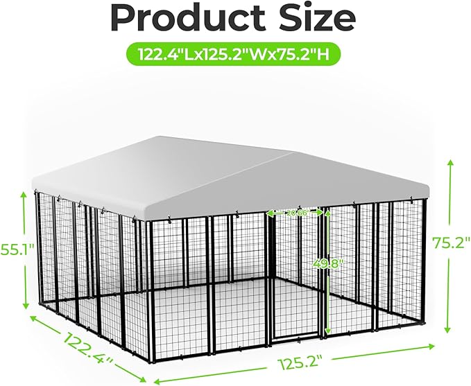 Dog Kennel Outdoor, 10x10 FT Heavy Duty Dog Pens Outside with Waterproof Roof, Metal Dog Run Fence with Galvanized Welded Wire Steel for Puppy Playpen
