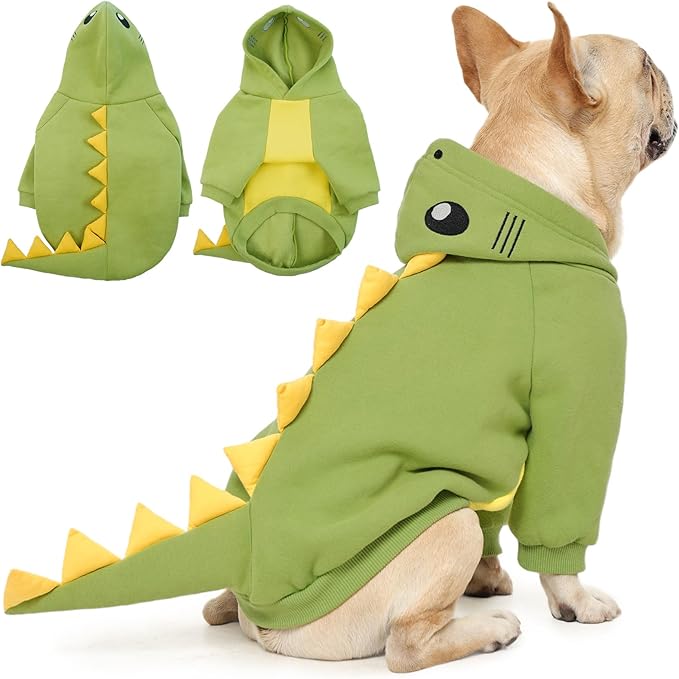 QBLEEV Dog Dinosaur Winter Coat, Warm Soft Knit Pullover Jacket with Hood for Cold Weather, Cozy Fleece-Lined Sweatshirt with 3D Dino Spikes, Stretchy Cute Pet Outerwear for Small Medium Large Dogs
