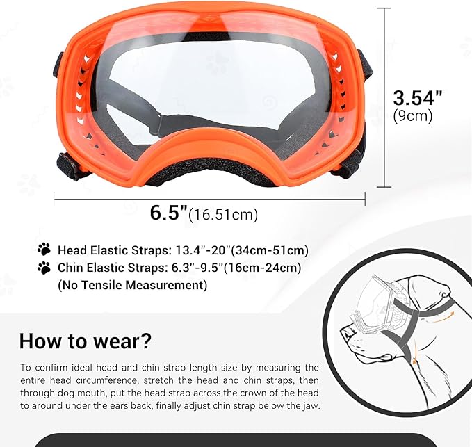 PETLESO Dog Goggles for Large Breed, Clear Dog Sunglasses Anti-UV Wide View Medium Large Pet Eye Protection for Driving Riding Hiking, Adjustable Straps, Orange