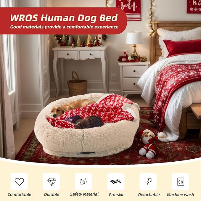 Human & Pet Bed - 71''x45''x12'' Washable Faux Fur, Orthopedic Dog Bed for Napping, Plump Pillow & Blanket, Strap - Beige
