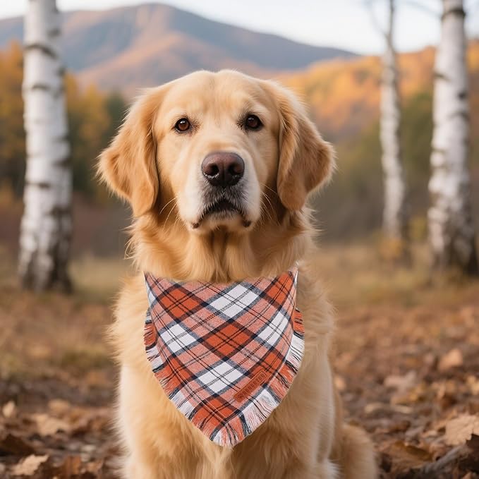 ADOGGYGO Fall Dog Bandanas with Tassels Edges, Orange Brown Plaid Scarf Bib, Multi Size, Fall Thanksgiving Halloween Bandanas for Extra Large Dogs (X-Large)