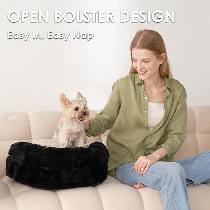 EHEYCIGA Extra Small Dog Bed and Cat Couch for Puppy and Kitten - Fluffy Faux Rabbit Fur Pet Sofa with Washable Removable Cover, Waterproof and Non-Slip, 20 Inch, Black
