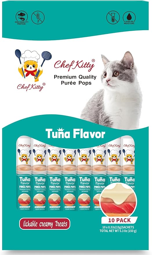 Chef Kitty Purée Pops, Cat Treats, Grain-Free, Lickable, Squeezable Creamy Cat Treat/Topper with Vitamin E & Taurine, 0.5 Ounces Each Tube, 10 Tubes, Tuna Flavor