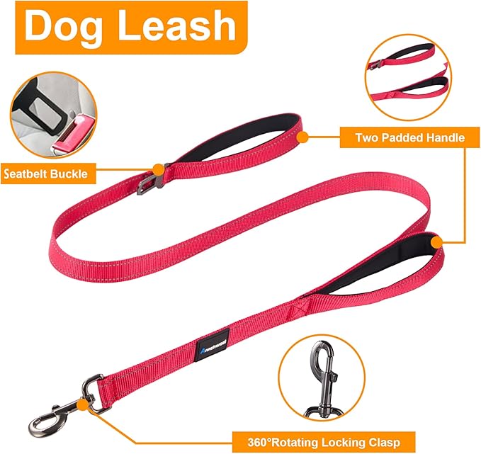 Annchwool No Pull Dog Harness, Collar & Leash Set|Reflective Dog Harness+Heavy Duty Dog Collar+Dog Leash with Double Handle & Car Seatbelt Clip|Easy for Walking Medium Large Size Dogs(Red,M)