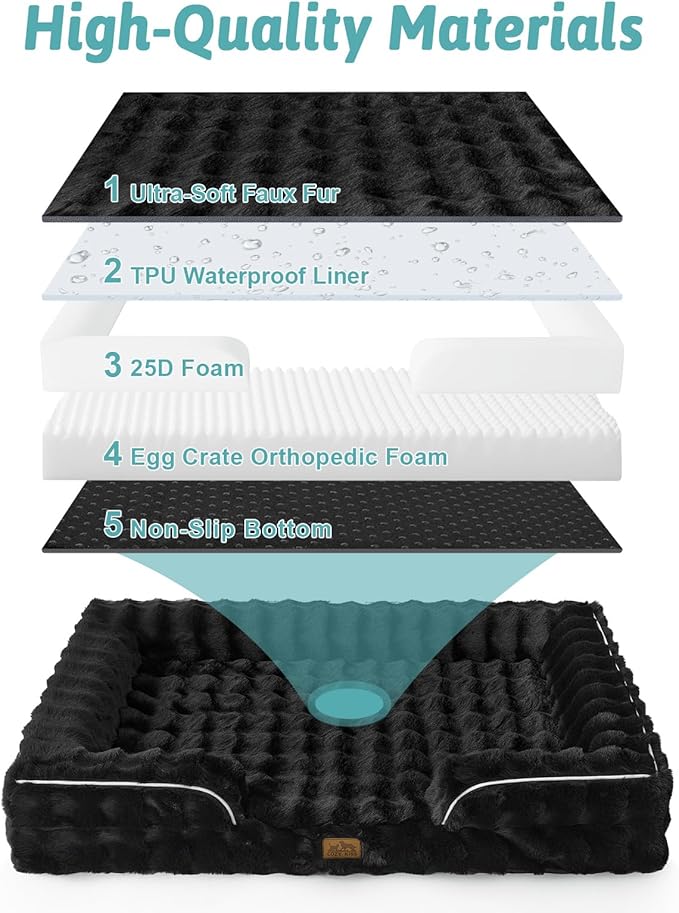 Orthopedic Dog Bed for Extra Large Dog, Faux Fur Giant Pet Sofa, Big Foam Bolster Couch with Waterproof Lining Cover, Anti-Slip, Soft, Warm, Washable, C-Shaped, XXL 48x35x8 inch, Black