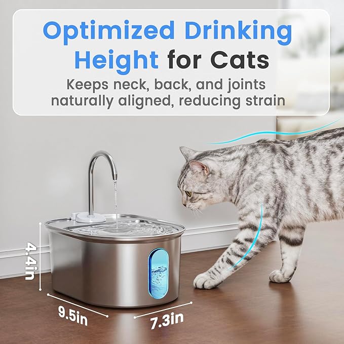 Cat Water Fountain Stainless Steel, 108oz/3.2L Quiet Automatic Cat Fountain for Drinking, Safe Auto Shut-Off, Large Oval Pet Water Dispenser for Dogs Indoor with 1 Replacement Filter