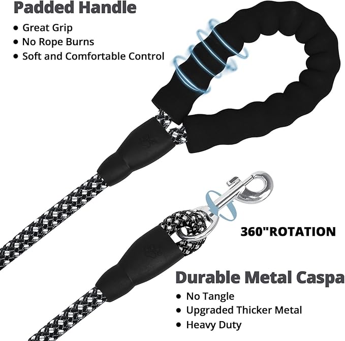 Long Dog Leash 15 FT: Heavy Duty Rope Leashes for Dogs Training with Swivel Lockable Hook Reflective Threads Bungee and Padded Handle - Dog Lead for Large Small Medium Dogs Outside Walking Hiking