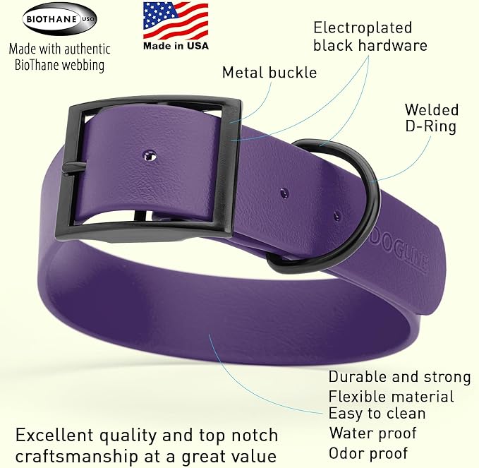Dogline Biothane Coated Webbing Dog Collar with Black Metal Hardware: Durable Easy-Clean Everyday Collar for Dogs - Comfortable Adjustable Odor-Resistant Pet Collar, W1.5 x L20-24", Violet Purple