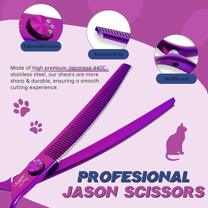 JASON Curved Thinner Dog Scissors - 7” Ergonomic Pet Scissor Purple Curved Thinning Dog Shear 440C Stainless Steel Grooming Shears Professional Pet Shears For Groomer (52-Teeth, Up-curved) Christmas