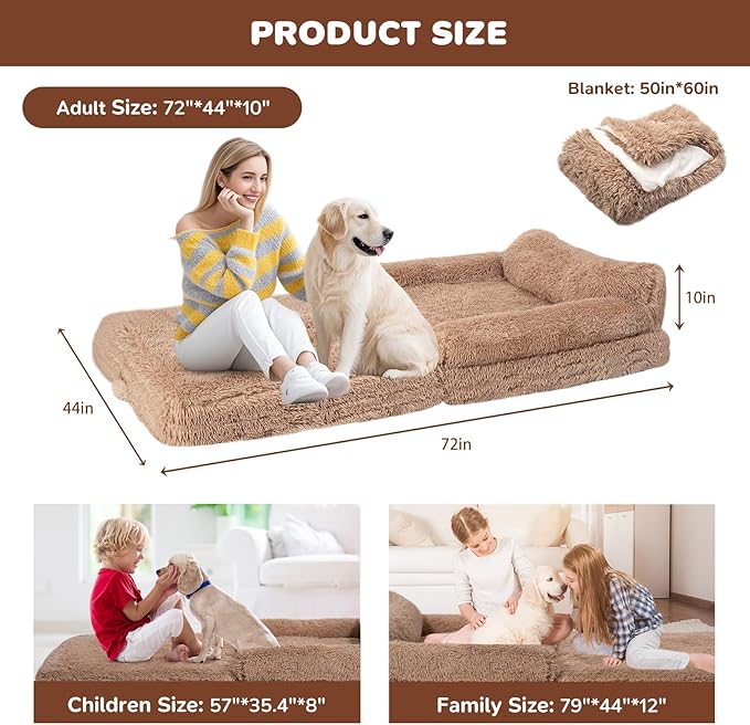 Foldable Human Dog Bed for Adults, Fluffy Human Sized with Blanket, Orthopedic Washable Dog Bed with Memory Foam and Water Repellent Liner Large for Pet (Brown, 72 * 44 * 12 inch)