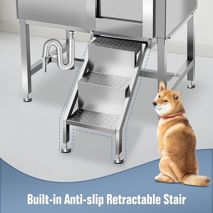 38" Dog Washing Station, Professional Stainless Steel Dog Bathing Station, Equipped with Anti-Slip Ramp, Removable Door, Upgraded Spray Nozzle&Hose - Ideal for Home, Pet Grooming Salon,R-RAMP