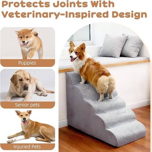 Makigued Dog Stairs for Small Dogs and Cats, 23" H 5 Steps Pet Steps Ramp for High Bed, Couch, Sofa, Waterproof Pet Stairs with Removable Washable Cover, Non-Slip Bottom, Light Gray