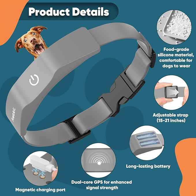 GPS Wireless Dog Fence with Free App, Electric Fence System with Training Collar, Portable Fence for Outdoor Use, Rechargeable Waterproof Flexiable Collar, Adjustable for Large Medium Dogs (Gray)