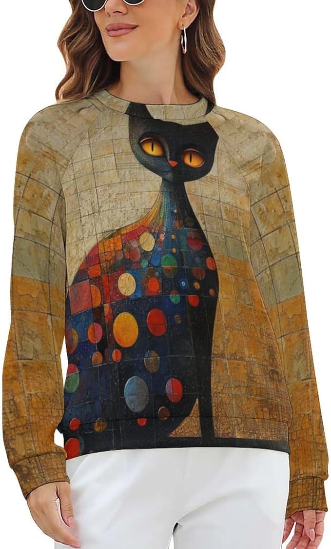 Biacolum Long Sleeve Shirts for Women Mid Century Retro Style Atomic Cat 3D Graphic Sweatshirts Fall Crewneck Pullover Top