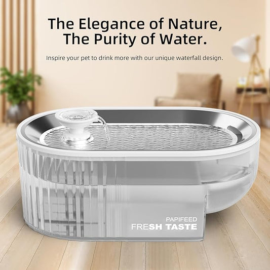 PAPIFEED Cat Water Fountain + Stainless Steel Tray (White Single Filter Element, Not Mat)