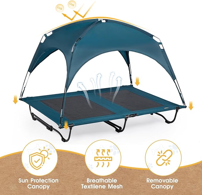 47 Inch Elevated Cooling Large Dog Bed with Removable Canopy, Raised Beds for Large Dogs with Washable Breathable Mesh, Dog Cot for Big Dogs, Indoor/Outdoor Pet Cot with Canopy