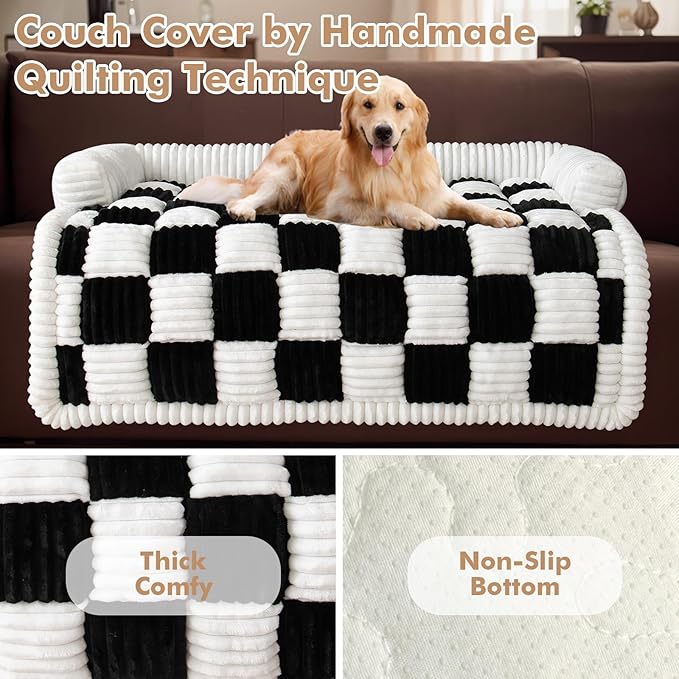 LiveGo Fuzzy Pet Couch Covers for Sofa, Dog Couch Cover Fuzzy Sofa Cover Cream Square Plaid Dog Bed Plush Dog Mat for Furniture Protector for Large Medium Dogs and Cats (Black, 29.5"*29.5")