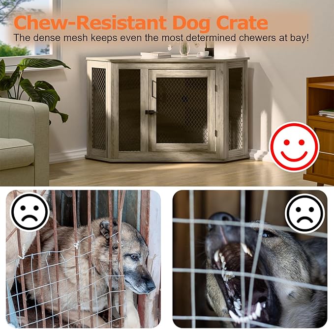 Coner Dog Crate Furniture, 52" Wooden Dog Kennel Furniture End Table with Mesh, Dog Kennel Indoor Furniture for Small Medium Large Dogs, Modern Decorative Wood Pet House Dog Cage Crate, Grey