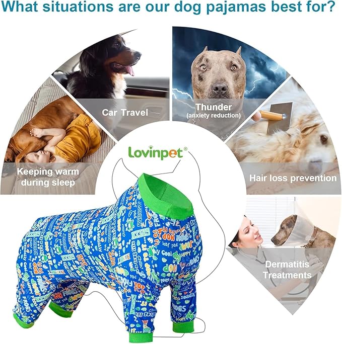 LovinPet Dog Pajamas Bodysuit for Giant Dogs -Dog Onesie with UV Protection & Anxiety Calming Shirt,Pitbull Dog Clothes, Pet Pajamas for Dogs, Cotton Jumping Frogs Print,Large