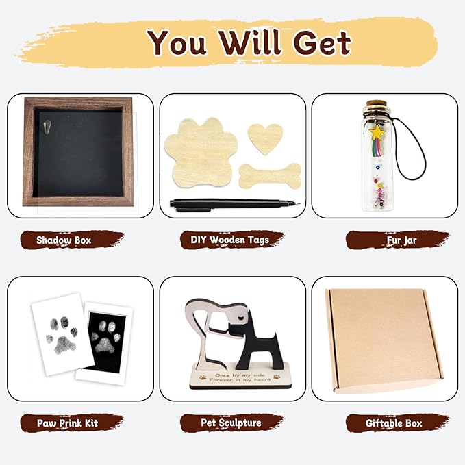 Dog Memorial Shadow Box Gift Pet Memory Display Case Wooden Picture Frame Pet Paw Ink Kit Glass Fur Jar Pets Keepsake Holder for Passed Away Dogs Cats idea Gifts for Pet Lover (Brown Dog Frame)