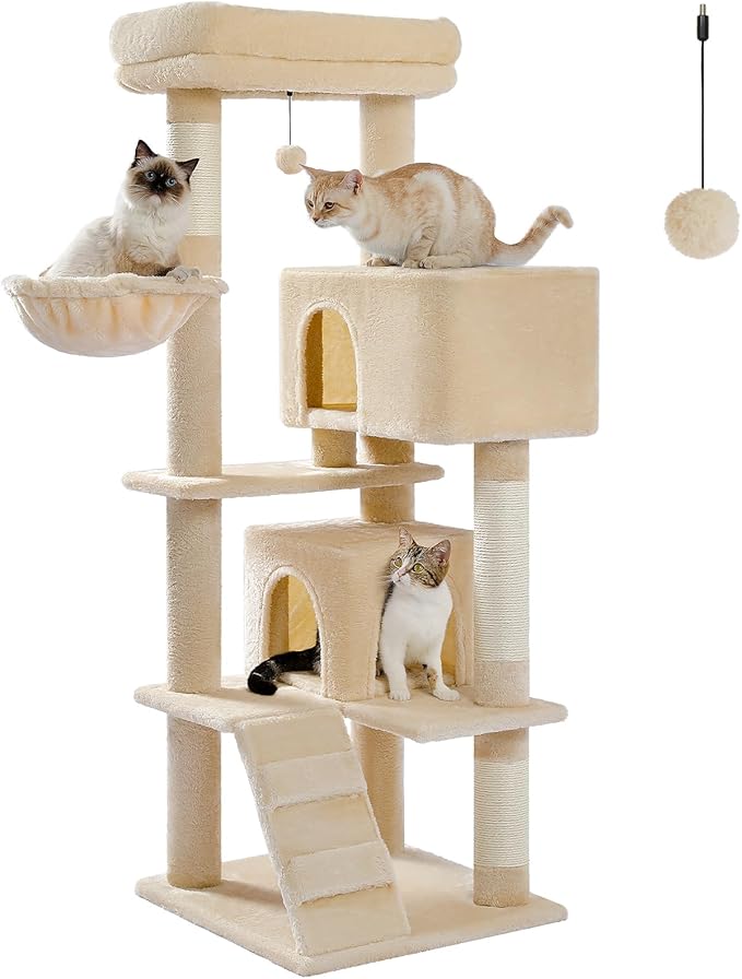 Cat Tree for Indoor Cats, 2 Cozy Condos with Spacious Top Perch, 56.3-Inch Multi-Level Cat Tower with Scratching Posts, 2 Caves, Plush Hammock and Climbing Ramp, Beige