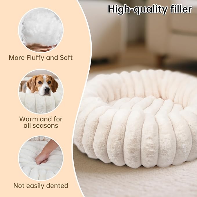 Warming Faux Rabbit Fur Pet Beds – Luxurious Donut Dog & Cat Bed, Anti-Anxiety Calming Cuddler Bed for Small Medim Dogs, Washable Round Puppy Kitten Beds, Non-Slip Bottom(36x36x10, White)