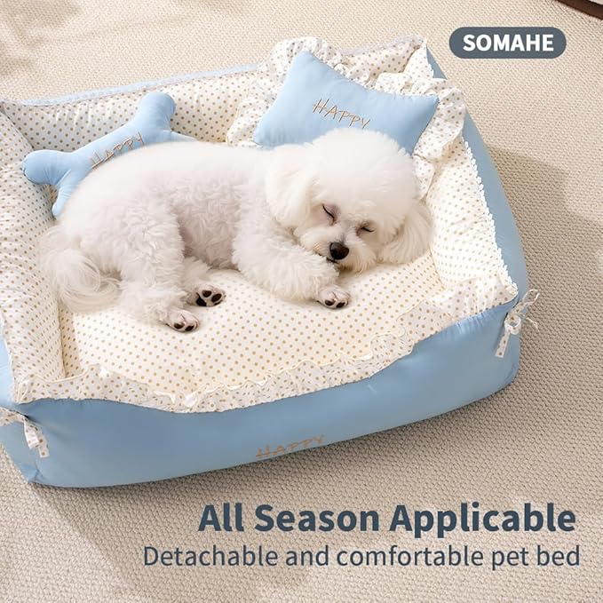 Cat Bed Rectangle Pet Bed Gift for Puppy and Kitten Machine Washable Calming Fluffy Pet Couch Sofa for Indoor Outdoor Portable Soft Cat Beds with Non-Slip Bottom 24×18×9inch Blue