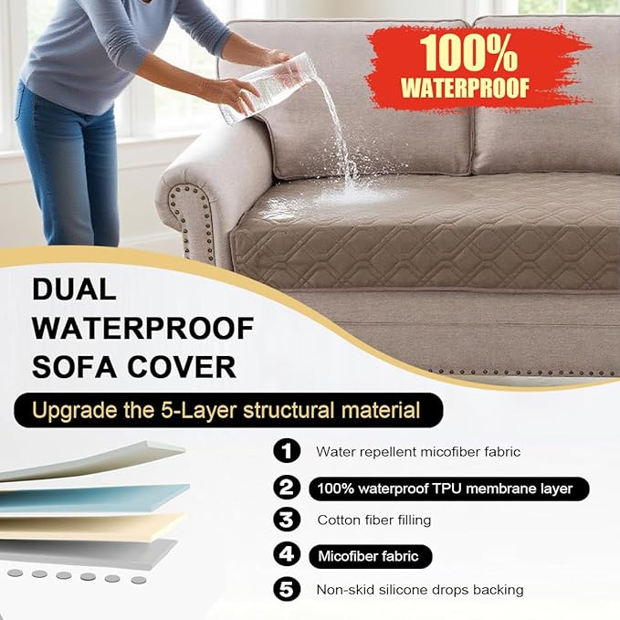 PrinceDeco Waterproof Couch Cover for Dogs Washable Dog Blanket for Bed Couch Sofa Outdoor Bed Cover with Non-Slip Back(32x82 Inch,Taupe)