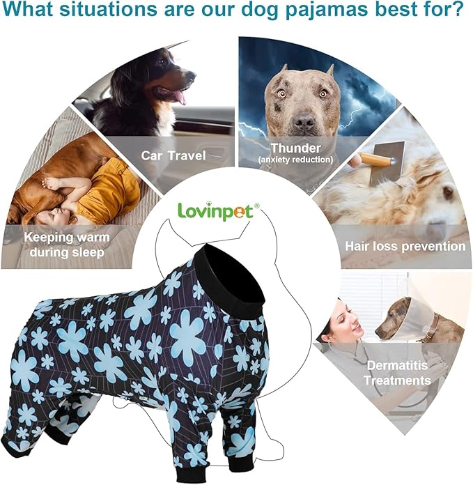 LovinPet Big Dog Onesies, Pet Anxiety Relief Shirt, Sun Protection Dog Onesie, Comfy Stretchy Fabric, Sage Print, Big Dog Surgery Recovery PJ's, Girl or Boy Dog Party Apparel, Black L
