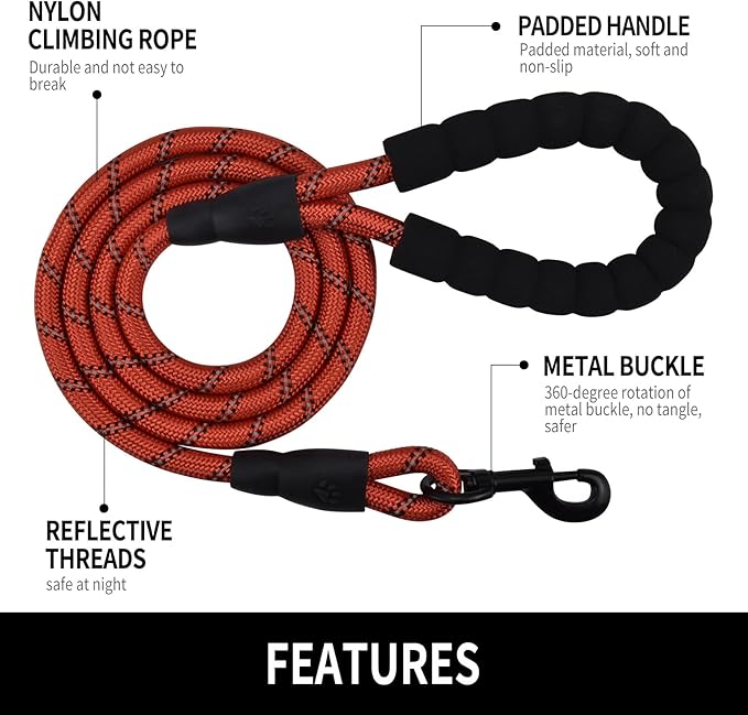 5/6 FT Strong Pet Dog Leash with Soft Padded Handle,Highly Reflective Rope for Night Walking,360-Degree Rotating Metal Buckle Without Tangles,Suitable for Small,Medium and Large Dogs.(6ft)
