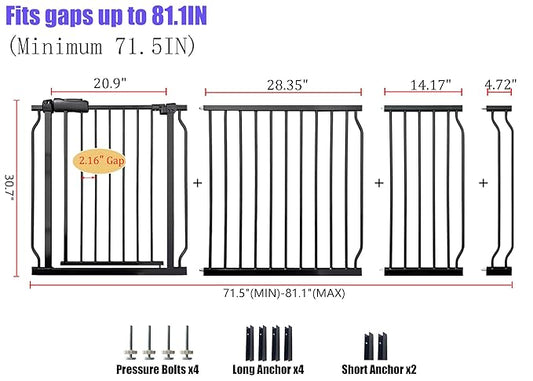 Extra Wide 76.4-81 Inch Large Baby Gates for Stairs, Doorways - No Drilling, Pressure Mounted Pet Gates for Kids & Dogs