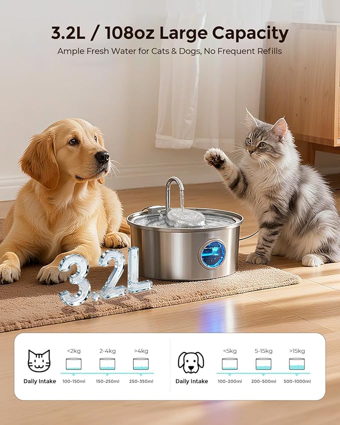 Invengo Cat Water Fountain Stainless Steel, 3.2L/108oz Pet Drinking Fountain for Cats Dogs, Automatic Cat Fountain with 2 Flow Modes, Splash-Proof Bowl