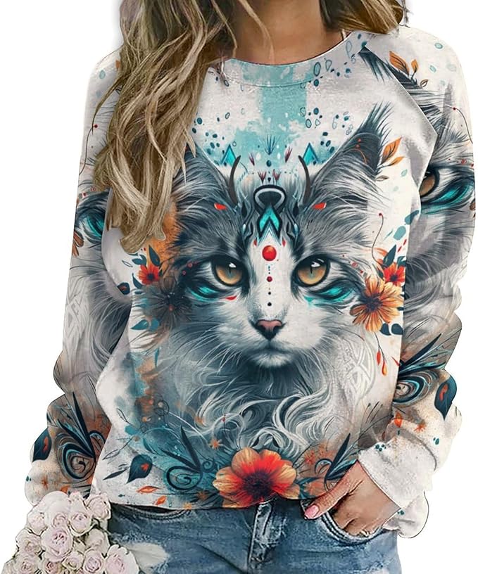 Womens novelty funny cat printed crewneck sweatshirt casual loose long sleeve graphic pullover sweatshirts tops