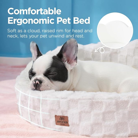 Joydeco Dog Bed for Small Dogs & Cats, Washable Cloud Pet Bed with Orthopedic Foam and Removable Checkered Plush Pad, Non-Slip Bottom for Indoor Puppies and Kittens, 27x24 Inch, White