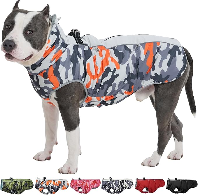 Dog Winter Jacket XX-Large Orange-Camouflage Water-Resistant Dog Coat with Harness for Large Dogs