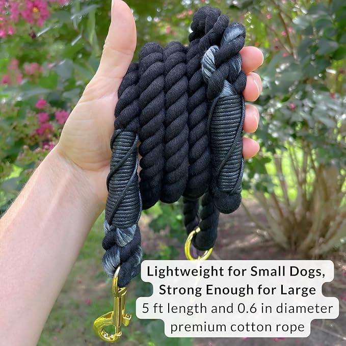 DJANGO Cotton Rope Dog Leash 5ft – Handcrafted Dog Leash and Black Braided Leash for Small, Medium, and Large Dogs – Durable 5 Foot Training Lead with Gold Hardware and Whipped Ends – Black