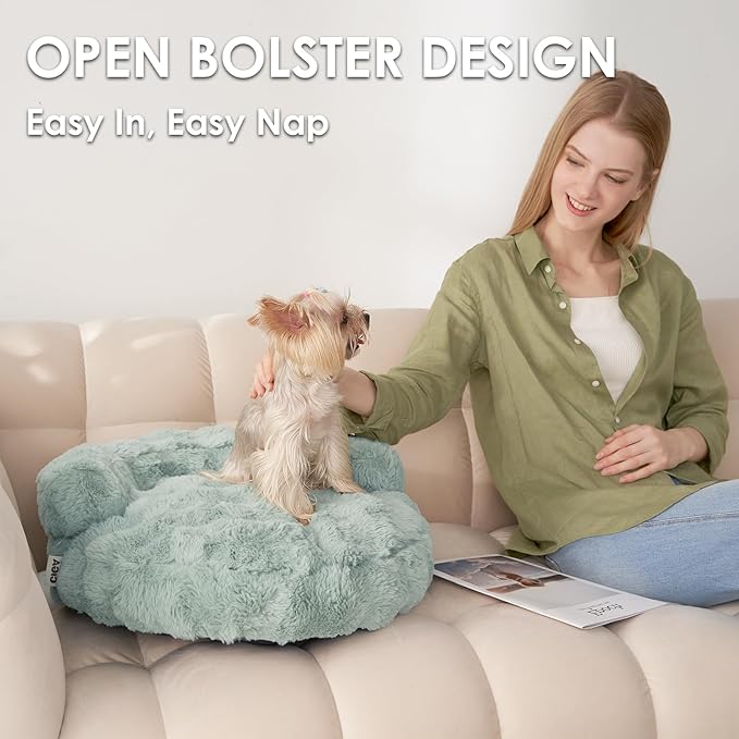 EHEYCIGA Small Dog Bed and Cat Couch for Puppy and Kitten - Fluffy Faux Rabbit Fur Pet Sofa with Washable Removable Cover, Waterproof and Non-Slip, 23 Inch, Sage Green