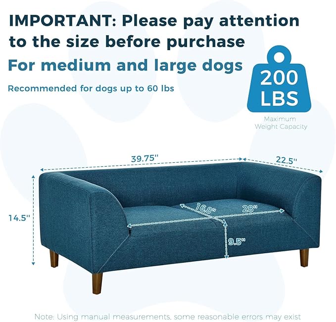 Dog Sofa Couch for Medium Dogs with Backrest and Armrest, Memory Foam Dog Sofa Bed, Modern Elevated Pet Couch Bed with Wooden Legs, Blue