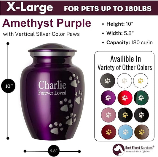 Pet Urn for Dogs and Cats with Personalized Laser Engraving, Ottillie Paws Premier Series Memorial Urns (X-Large Amethyst Purple with Vertical Pewter Paws)