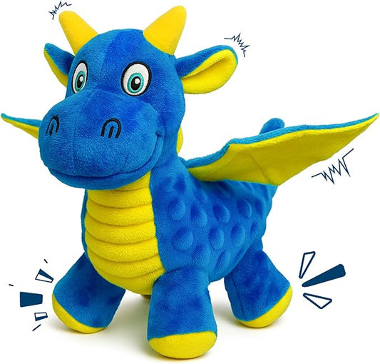 Squeaky Dog Toys - Soft Plush Dragon Dog Toy with 5 Squeakers & Crinkle Paper, Dog Toys for Small, Medium and Large Dogs (Blue,10")