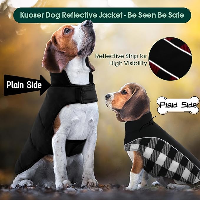 Kuoser Dog Winter Coat, Reversible Waterproof Dog Jacket with Reflective Strip, Warm Dogs Fleece Vest Adjustable Doggy Cold Weather Clothes Plaid Christmas Outfit Pet Apparel for Large Dogs, Black L