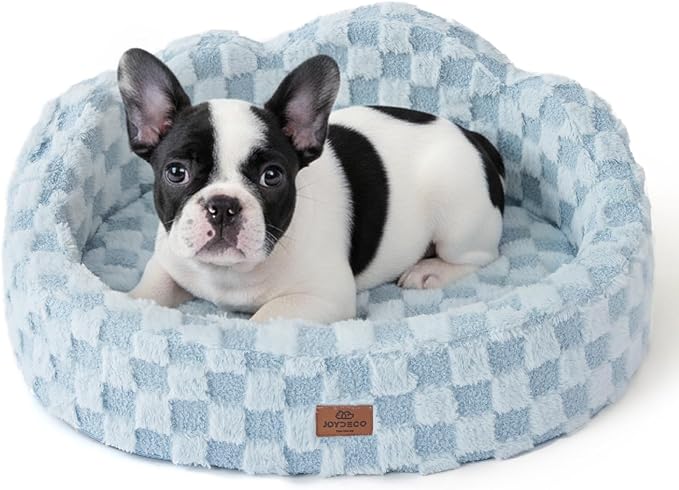 Joydeco Dog Bed for Small Dogs & Cats, Washable Cloud Pet Bed with Orthopedic Foam and Removable Checkered Plush Pad, Non-Slip Bottom for Indoor Puppies and Kittens, 27x24 Inch, Light Blue