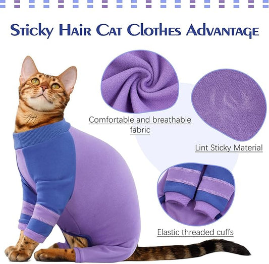 Sticky Hair Cat Clothes, Prevent Hair Loss Cats Pajamas, Turtleneck Cat Sweaters for Cats Only, Kitten Onesie Shirts Apparel Jumpsuit, Recovery Suit After Surgery, Purple XXL