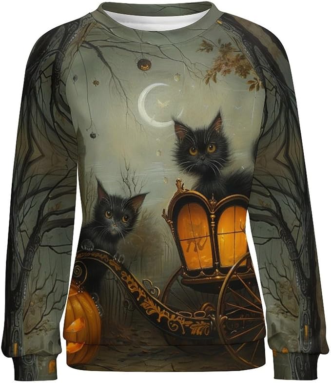 Womens novelty funny cat printed crewneck sweatshirt casual loose long sleeve graphic pullover sweatshirts tops