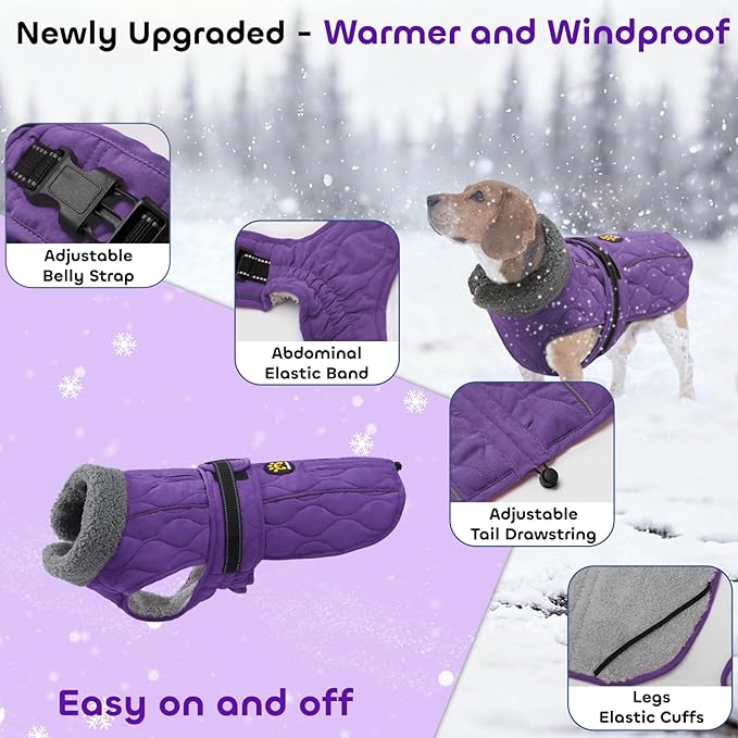 Dog Coats, Warm Puppy Apparel with Fleece Lining for Cold Weather, Windproof Medium Dog Winter Jacket, Reflective Dogs Snow Coat with Leash Hole and Adjustable Buckle, NewPurple M