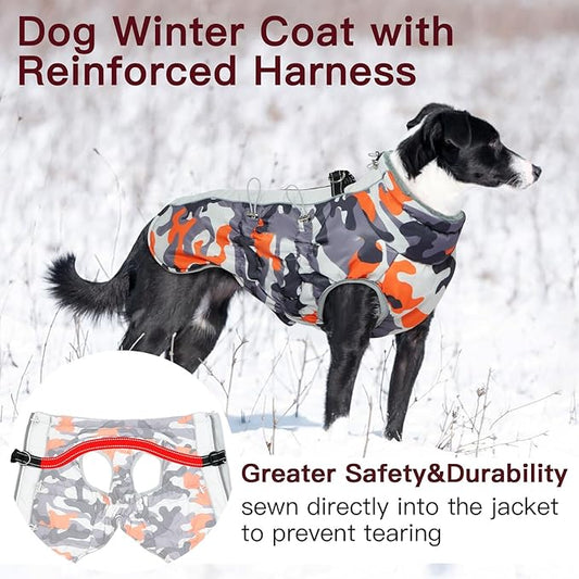 Dog Winter Jacket XX-Large Orange-Camouflage Water-Resistant Dog Coat with Harness for Large Dogs